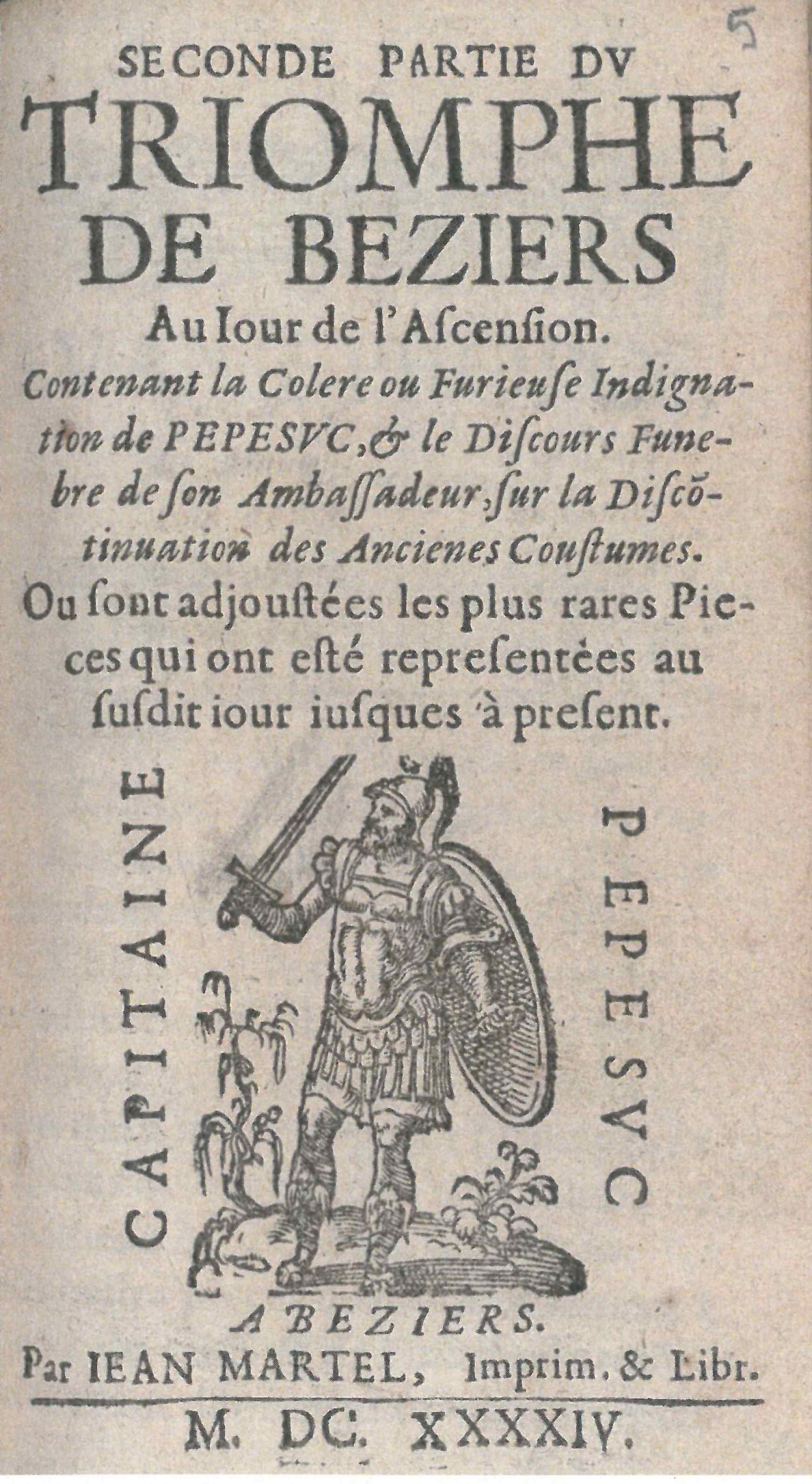 Page de titre du Triomphe de B&eacute;ziers publi&eacute; par Jean Martel de B&eacute;ziers en 1644. BM Toulouse, Res. D XVII 373 (5)  